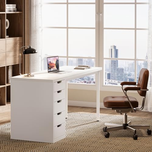 Tribesigns Modern Simple Computer Desk, 47 Inches PC Desk with 5 Reversible Drawers, Rustic Brown Study Writing Table Workstation for Home Office Small Spaces (All White)