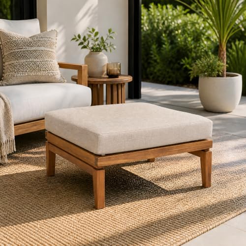Ellie Outdoor Ottoman with Water-Repellent Cushion, Acacia Wood Patio Ottoman, Outdoor Foot Stool for Patio Furniture Set, Versatile Stools for Balcony Garden, Beige+Teak