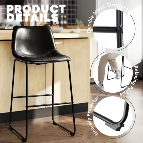 Waleaf 30 inch Bar Stools Set of 4,Counter Height Bar Stools with Back, Modern PU Leather Stools with Metal Leg and Footrest (Black, 4 Pcs 30" Counter Height Barstools)