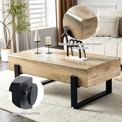 47.24" Rectangle Coffee Table, Wood Coffee Table Center Table with 7.8" Thick Tabletop Metal Legs Rounded Corners for Living Room Office, Natural Wood