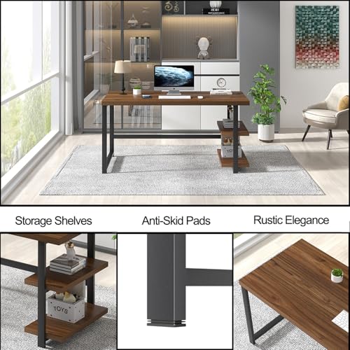 Modern Computer Desk, Wood Home Office Desk, Study Writing Gaming Table Workstation with Storage Shelves for Living Room Bedroom, Rustic Walnut, 53 Inch