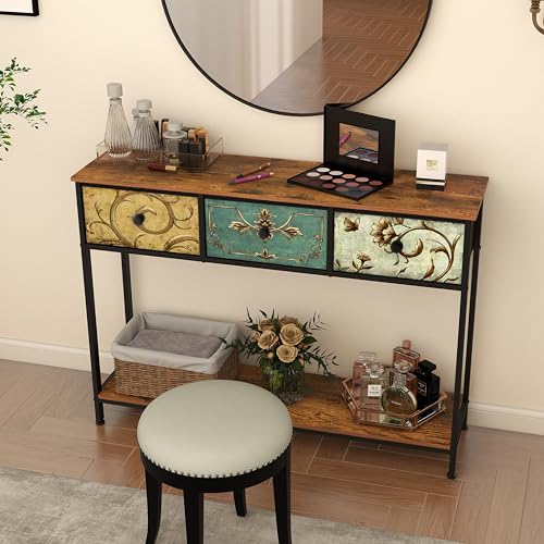 Entryway Console Table with 3 Retro Flowers Fabric Drawers Boho Narrow Long Behind Couch Sofa Table with Bottom Open Storage Shelf for Hallway Living Room Foyer (Retro Flower, 3 Drawers)