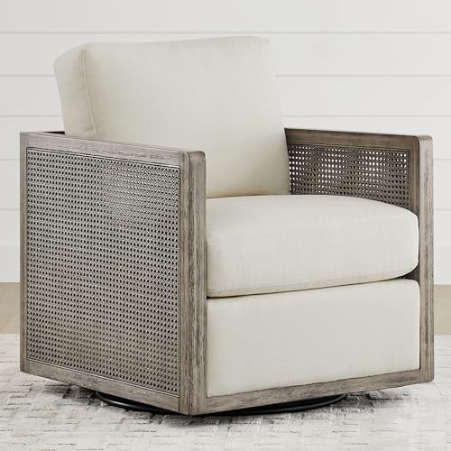 CHITA Rattan Swivel Accent Chair with Wood Frame, Fully Assembled, Cream | Fabric Seat, Rubber Wood and Frame, 29.5"Dx27.6"Wx32.3"H, 350 Lbs Capacity
