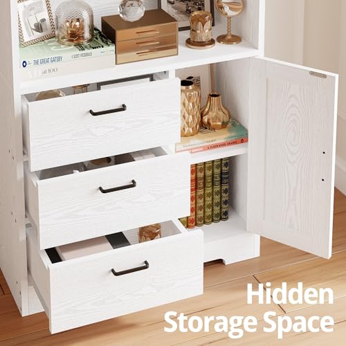 Bookshelf with Doors and 3 Drawers 71 in Tall Bookcase with 3-Tier Shelves, Industrial Book Shelf with Storage for Living Room Entrance Hallway Home Office, White
