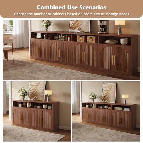 63" Wide Fluted Buffet Cabinet with Open Storage Shelf, Walnut, view 7