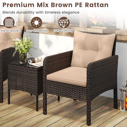 3 Pieces Patio Furniture Set, Outdoor Rattan Wicker Conversation Set with Coffee Table & Cushions, Patio Sofa Set for Garden Balcony Backyard Poolside
