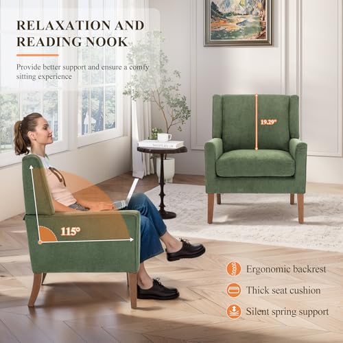 Living Room Chair, Wingback Mid-Century Accent Chair – Comfy Single Sofa with Solid Wood Legs & Velvet-Like Fabric, Oversized Armchair for Living Room/Bedroom/Reading Nook&Lounge
