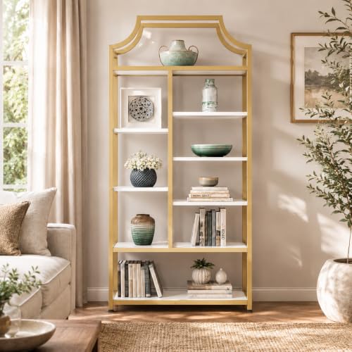 8-Tier Open Shelf Bookcase, 70.87"H x 31.5"L Lux Etagere Bookshelf, Modern Display Shelf with Gold Metal Frame & White Shelves,Tall Storage Display for Bedroom, Home Office & Living Room (Gold)