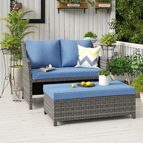 Grey rattan patio loveseat and coffee table set with storage, view 2