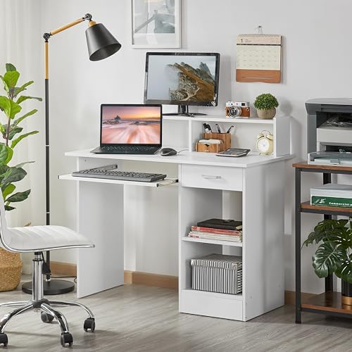 Computer Desk with Keyboard Tray, Drawers, and Shelves, White, view 7