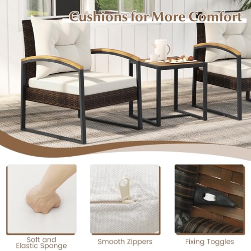 3 Piece Patio Conversation Set, Includes 2 Rattan Chairs and Coffee Table, Solid Acacia Wood Armrests & Tabletop, Outdoor Cushioned Wicker Furniture Set for Backyard, Poolside, Lawn, Garden