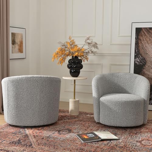 34" W Swivel Barrel Chair Set of 2, Mid Century Modern Round Upholstered Boucle Swivel Accent Chairs, No Assembly Sofa Chair for Living Room Bedroom Reading, Black White