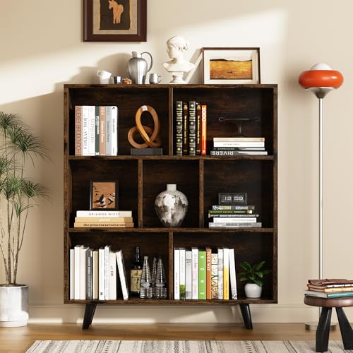 Cube Storage Organizer, 3 Tier Mid-Century Bookcase with Legs Cubeicals Retro Wood Organizer Storage Bookcase, Freestanding Open Book Shelves for Bedroom,Living Room,Office(Brown)