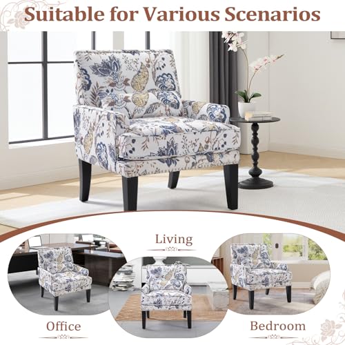 Floral Accent Chair Set of 2 with Lumbar Pillow,Upholstered Wingback Reading Armchair with Nailhead Trim, Mid-Century Single Sofa Chair for Living Room, Bedroom, Blue Floral