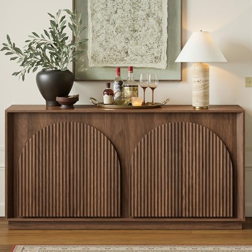 Fluted Sideboard Buffet Cabinet with Storage, 65" Mid Century Modern Accent Cabinet with Double-Layered Arch Doors,Wood Media TV Console Table Credenza for Living Dining Room Entryway,Walnut