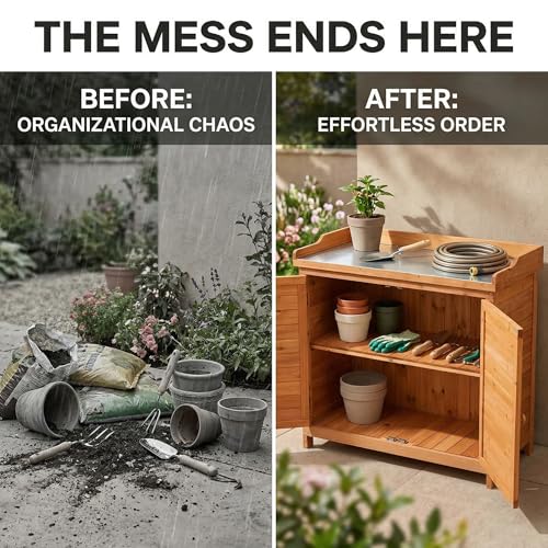 Outdoor Garden Patio Wooden Storage Cabinet Furniture Waterproof Tool Shed with Potting Benches Outdoor Work Station Table (Natural)