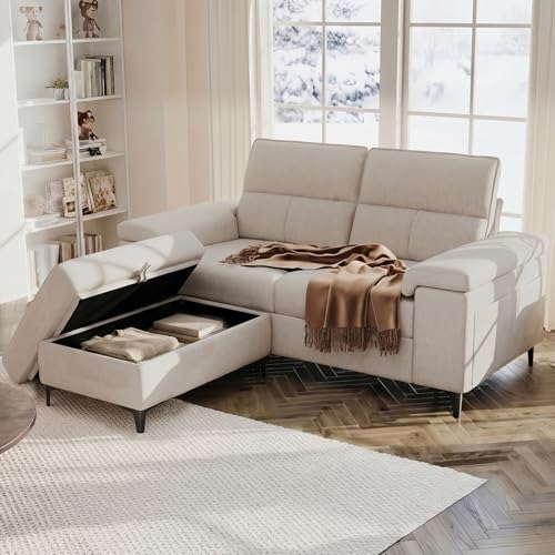 71.25" L Shaped Sectional Couches for Living Room, Deep Seat Sofa with Big Storage Ottoman & 8”Cushion, Comfy 2-Seater Chenille Loveseat, Convertible Armrest, Removable Cover for Small Space(Beige)