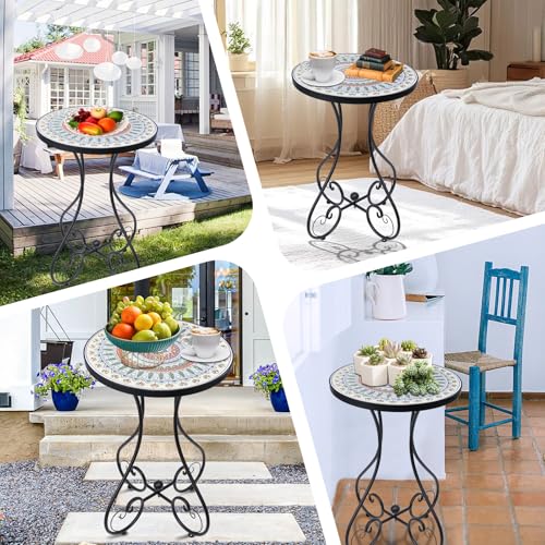 Mosaic Outdoor Side Table, Round Rustproof Patio Tables with 14" Ceramic Tile Top, Indoor Porch Accent Table for Yard, Garden, Living Room, Bistro Balcony, Green