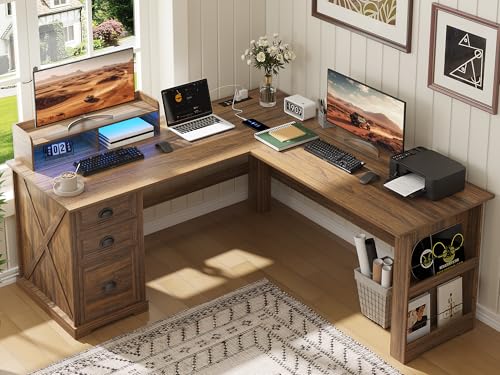 59" Farmhouse Executive L Shaped Desk with Monitor Stand, LED Lights, view 2