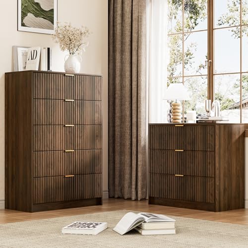 Walnut Dresser for Bedroom, Tall Dresser with 5 Drawers and Smooth Slides, view 8