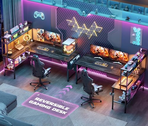 59" L Shaped Desk Gaming Desk with LED Light & Power Outlet, view 8