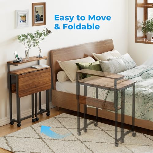Folding Desk with Adjustable Monitor Stand and Storage Shelf, 24.8in Small Desk with Wheels, Mobile Rolling Table for Small Spaces, Home Office, Walnut
