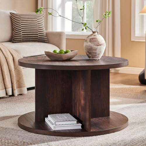 Round Coffee Table for Living Room, 32" Modern Center Table with Cross Support Structure & Open Storage Cubby, Wood Circle Cocktail Table for Small Space, Apartment, Dark Walnut