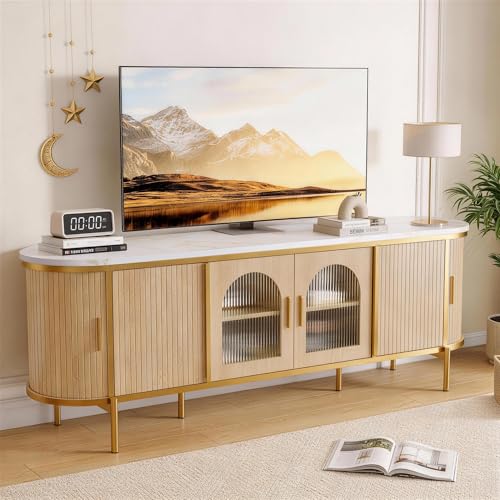 70" Fluted TV Stand for TVs up to 80", Mid Century Modern Entertainment Center with Sliding Doors & Glass Door, TV Console Table with Faux Marble Top for Living Room, Oak