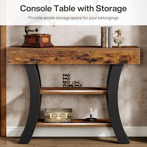 Tribesigns 41" Small Console Table for Entryway, 3-Tier Narrow Rustic Sofa Table with Storage Shelves and Curved Frame for Living Room, Entry, Hallway, Foyer, Rustic Brown