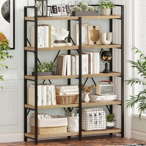 Bookshelf, 5 Tier Industrial, Tall Etagere Bookcase, Rustic Wood and Metal Book Shelf with Large Open Shelving Unit for Home Office Living Room (Rustic Oak, 51 Inch Wide)