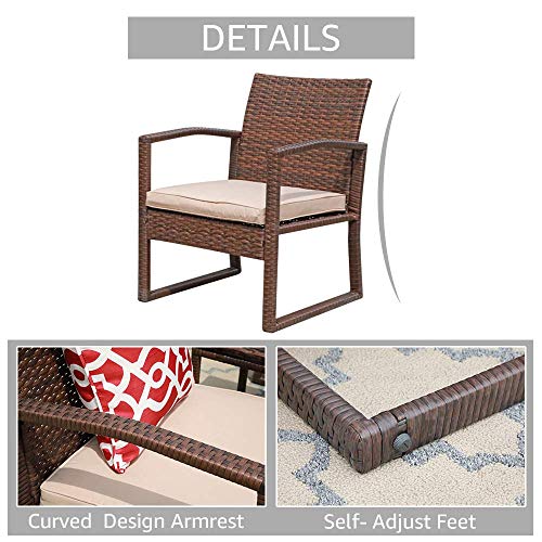3 Pieces Outdoor Patio Furniture Set, Outdoor Wicker Conversation Set, Patio Rattan Chair Set, Modern Bistro Set with Coffee Table, Garden Balcony Backyard Poolside (Brown)