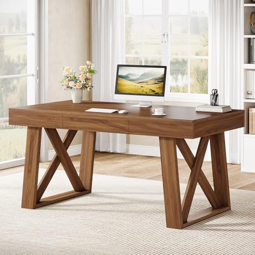 Tribesigns 55-inch Computer Desk with Drawer, Retro Walnut Big Home Office Desk, Modern Executive Desk Writing Desk Workstation Table for Home