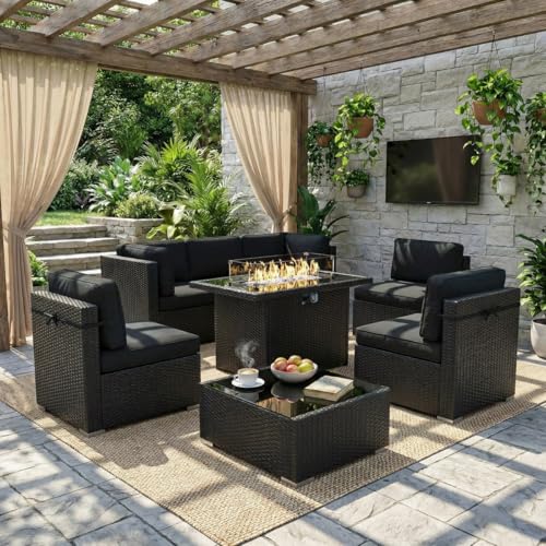 8 Piece Patio Furniture Set with 44" Propane Gas Fire Pit Table, Outdoor Sectional Conversation Set Wicker Rattan Sofa Set with Coffee Table