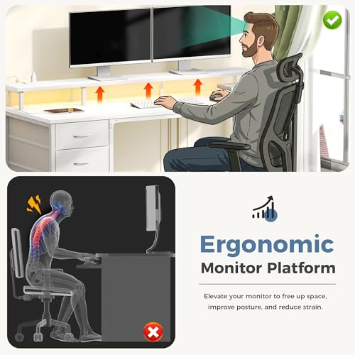 47 Inch Computer Desk with 4 Drawers,4 Drawer Gaming Desk with Power Outlets and LED Lights,Office Desk for Small Spaces with Monitor Shelf,Writing Desk for Home Office,Bedroom, Study,White