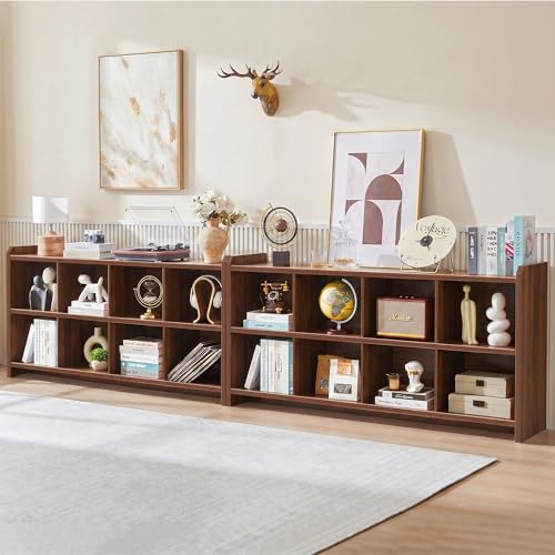8 Cube Low Storage Organizer, 63" Long Horizontal Bookshelf, Walnut, view 7
