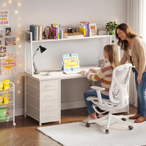 54 Inch Desk with Hutch and 8 Fabric Drawers, White, view 7