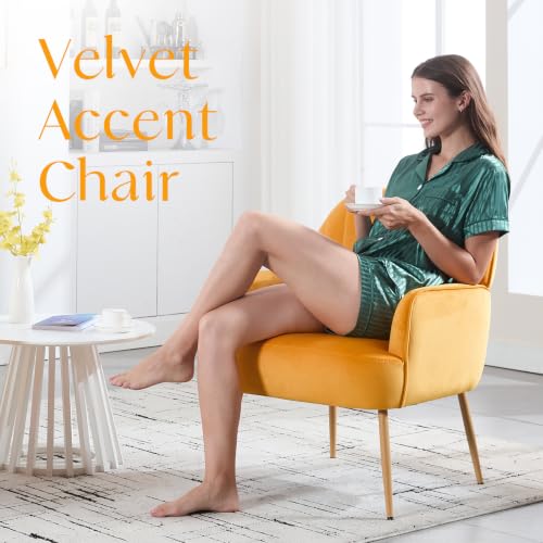 Velvet Accent Chair, Mid Century Modern Accent Chairs for Living Room, Comfy Upholstered Armchair with Metal Legs for Bedroom/Apartment/Office/Waiting Room, Yellow