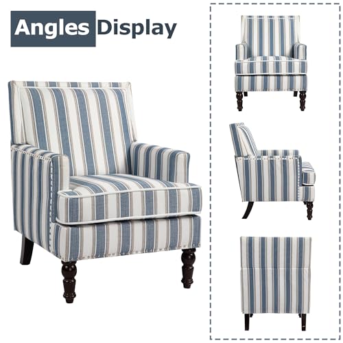 Accent Chair, Comfy Cozy Modern Mid-Century Accent Chairs, Linen Upholstered Lounge Arm Chair with Solid Wood Reading Side Padded Single for Living Room/Office/Balcony/Bedroom-Blue Stripe