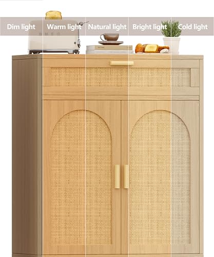 Rattan Sideboard Buffet Cabinet with Storage, Boho Sideboard with Drawer & Adjustable Shelf, Kitchen Floor Cabinet with 2 Doors & Solid Wood Feet, Coffee Bar for Entryway, Living Room, Natural Oak