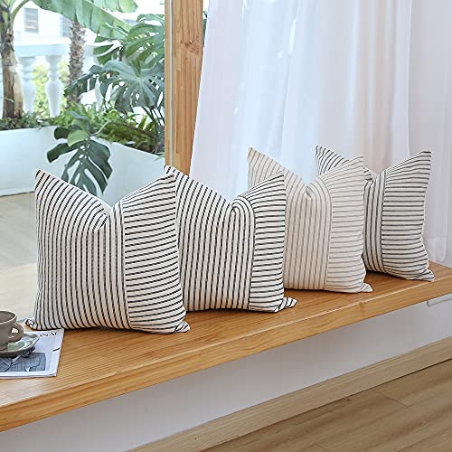 Navy Blue and Beige Patchwork Farmhouse Throw Pillow Covers 18 x 18 Inch, Pack of 2 Striped Linen Decorative Pillow Case for Sofa Couch Chair Bedroom Modern Decor(Navy Blue)