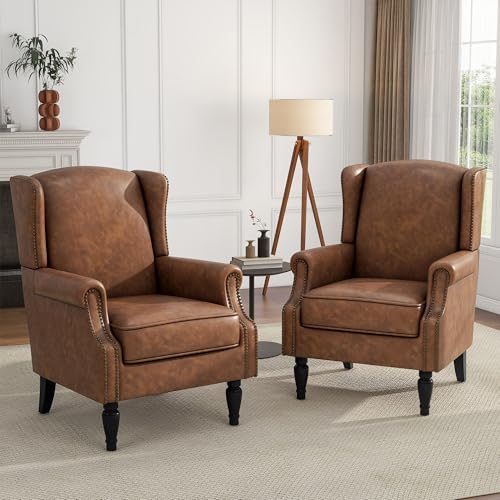 High Back Accent Chairs Set of 2, Faux Leather Upholstered Armchair Wingback Chair for Living Room, Comfy Single Sofa Solid Wood Legs Bedroom Reading Seat (Brown)