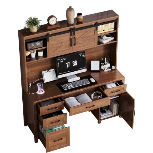 Farmhouse Executive Desk with Hutch and Charging Station, Walnut, view 8