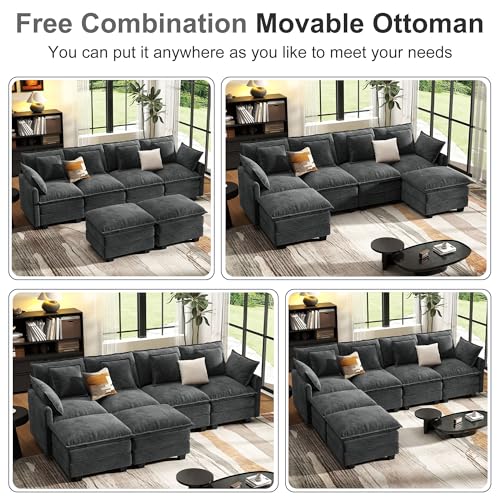 107" Cloud Couch Sectional, U Shaped Modular Sectional Sofa, 4-Seat Deep Seat Couch with 6 Removable Washable Pillows and 2 Ottoman for Living Room, Bedroom, Apartment, Black Grey