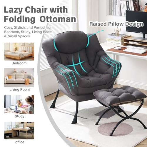 Lazy Chair with Ottoman, Modern Chair with Folding Footrest, Dark Grey Accent Chair, Comfortable Reading Chair, Oversized Armchairs for Bedroom, Study, Living Room, Courtyard