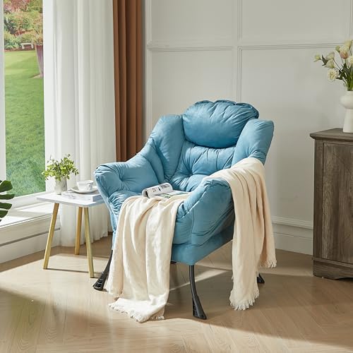 Lazy Chair with Armrest and Side Pocket, Comfy Accent Lounge Chair,Leisure Sofa Armchair for Living Room, Bedroom, Dorm, or Small Spaces, Oversized Reading Sofa Chair, Textured Blue