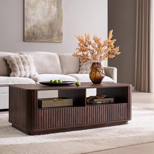 51" Fluted Coffee Table with Storage, Large Modern Center Table with 2 Drawers, Rectangle Wood Coffee Table for Living Room, Dark Walnut