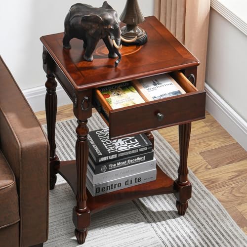 Solid Wood Side Table with Drawer, Victorian Style Vintage Nightstand, Antique Cherry Wood End Tables Living Room Bedroom, 19.7x15.7x27.6 inch, No-Tools Assembly, Cherry Walnut GBJ-1533-WD