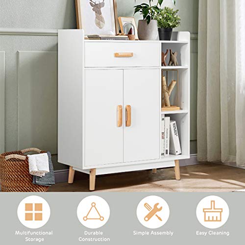 Floor Storage Cabinet, Freestanding Cupboard with 1 Drawer, 2 Doors, 3 Shelves, 4 Rubber Wood Legs, Sideboard, Entryway Unit for Home Office, Living Room, Storage Organizer (White)