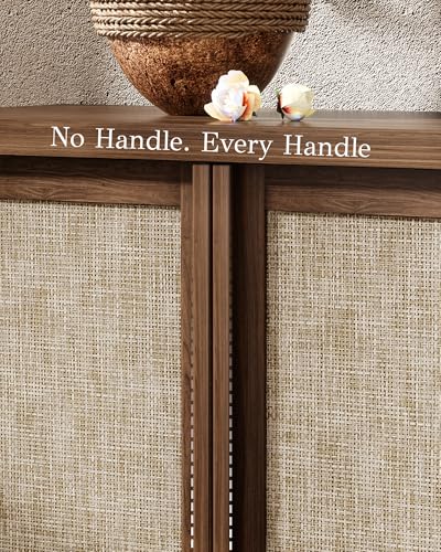 Buffet Cabinet with Storage, 63" Wide Sideboard with Solid Wood Handles and Rattan Look Accent Doors, Flexible Shelves, for Living Room, Kitchen, Dark Walnut