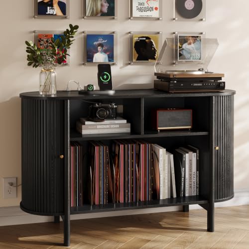 43"W Record Player Stand with Power Outlets, Vinyl Storage Cabinet, Black, view 2